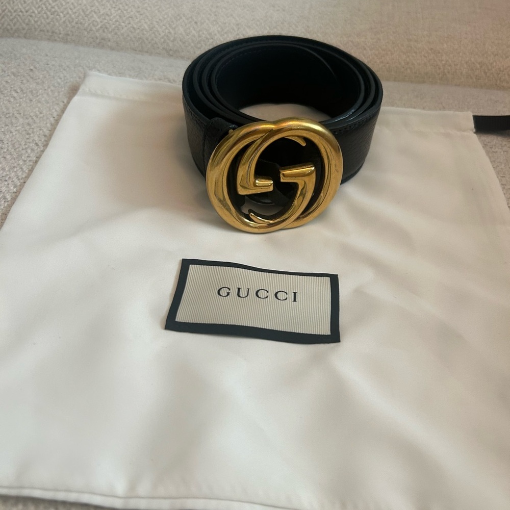 Gucci Black and Gold Leather Belt with Iconic GG Buckle